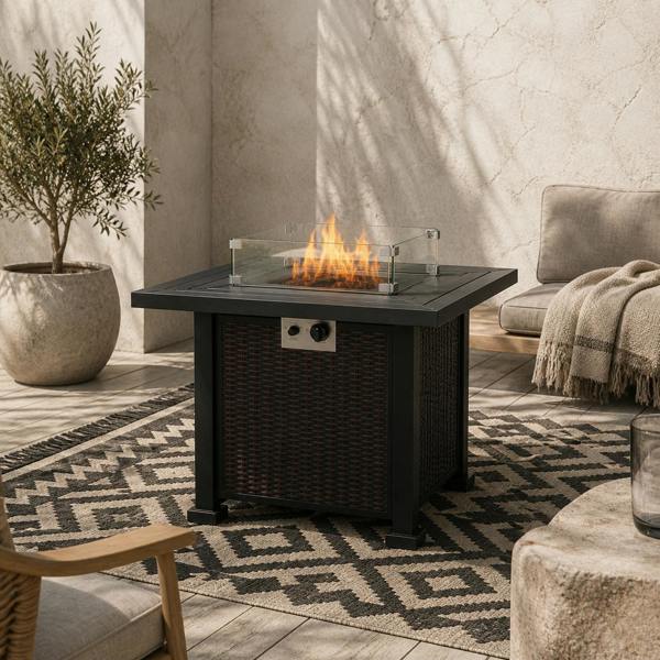 Wyld Haus Tafiyo Rattan Effect Black and Brown Square Propane Gas Fire Pit Table