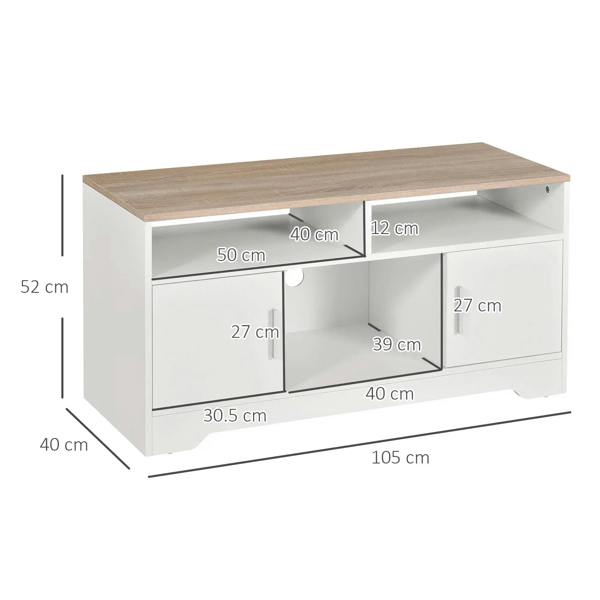 White TV stand cabinet with open center shelf, two doors, wood top, size diagram