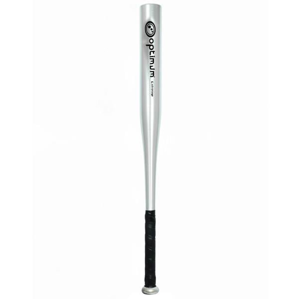 Silver Optimum Extreme aluminium baseball bat with black grip, upright on white - Optimum