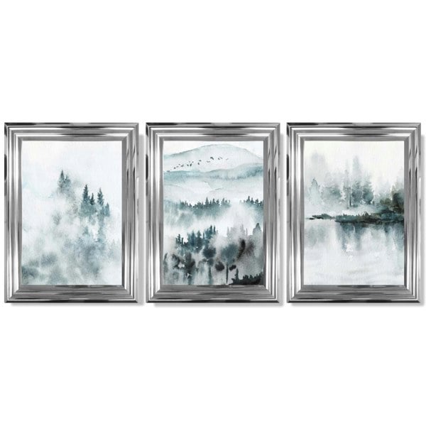 Artze Wall Art Teal Blue Abstract Forest Lake Set of 3 Framed Wall Art
