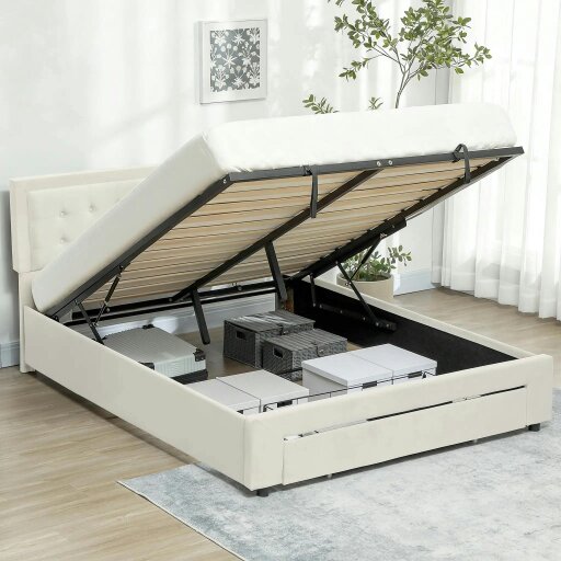 Wyld Haus Double 4FT6 Ottoman Bed Frame with Front Divan Drawer Storage Cream