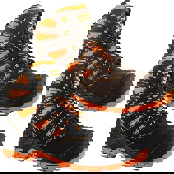 Buckbootz BVIZ2 Mens Lace Up S7S Composite Safety Ankle Boots, pair of sturdy safety ankle boots with lace-up design, black and brown colors, featuring orange accents and slip-resistant soles.