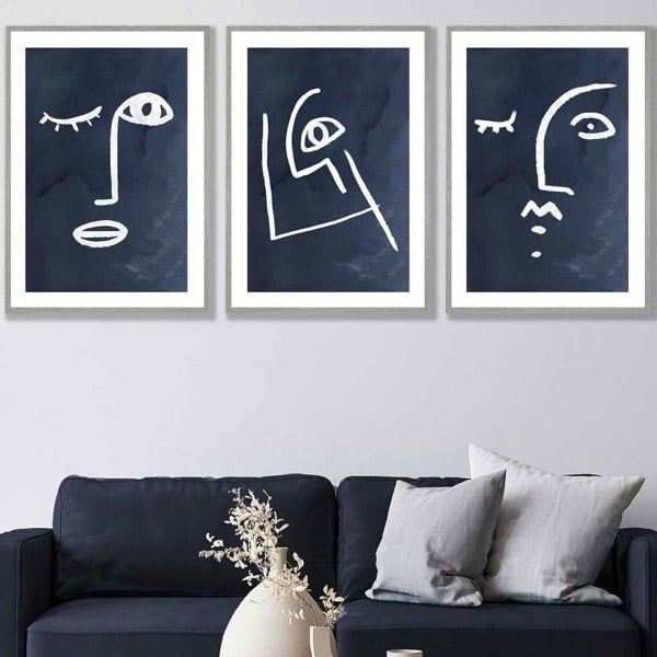Artze Wall Art Set of 3 Framed Abstract Faces Navy Blue