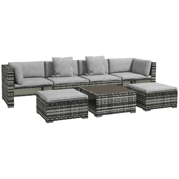 Grey rattan patio sectional set with grey cushions and matching woven ottomans