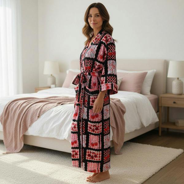 Hayley & Co Cherry and Bow Print 100% Cotton Dressing Gown