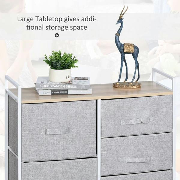 Grey linen fabric 5-drawer storage unit with large flat tabletop and metal frame