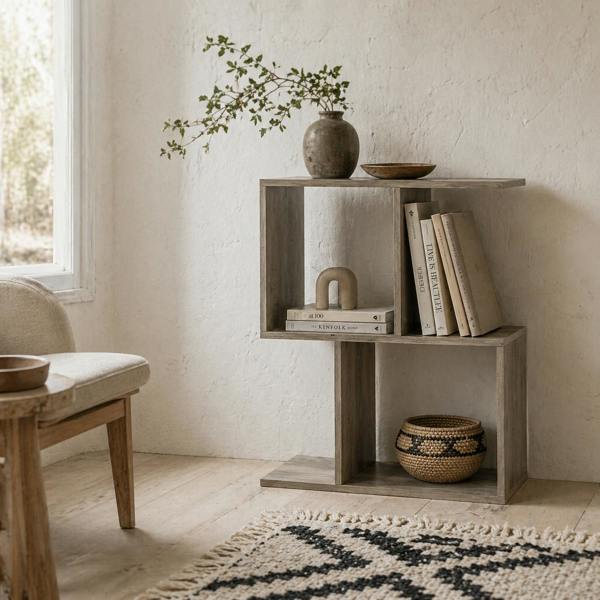 Wyld Haus Filo Wooden Grey Narrow S Shaped Side Table With 3 Tier Storage
