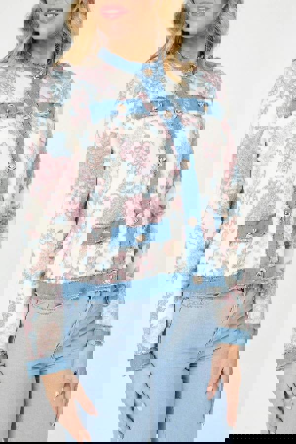 White | Floral Denim Trim Button Detail Jacket