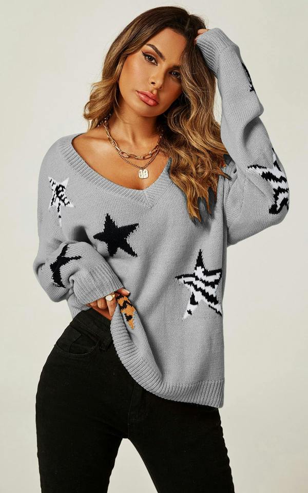 FS Collection Relaxed Soft V Neck Animal Star Pattern Jumper Top In Beige