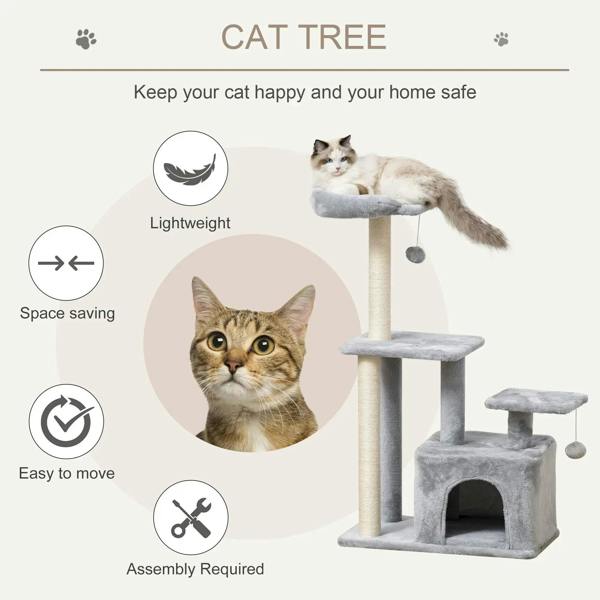 Light grey cat tree tower with plush perches, cubby house, and hanging ball