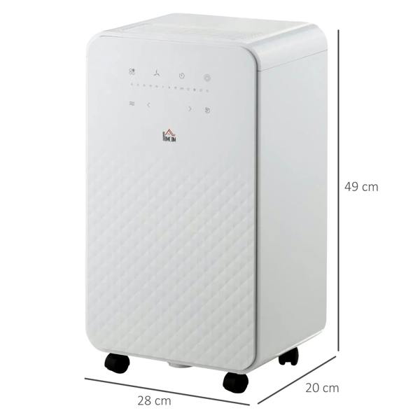 White portable dehumidifier with air purifier, angled front-left view on rolling casters