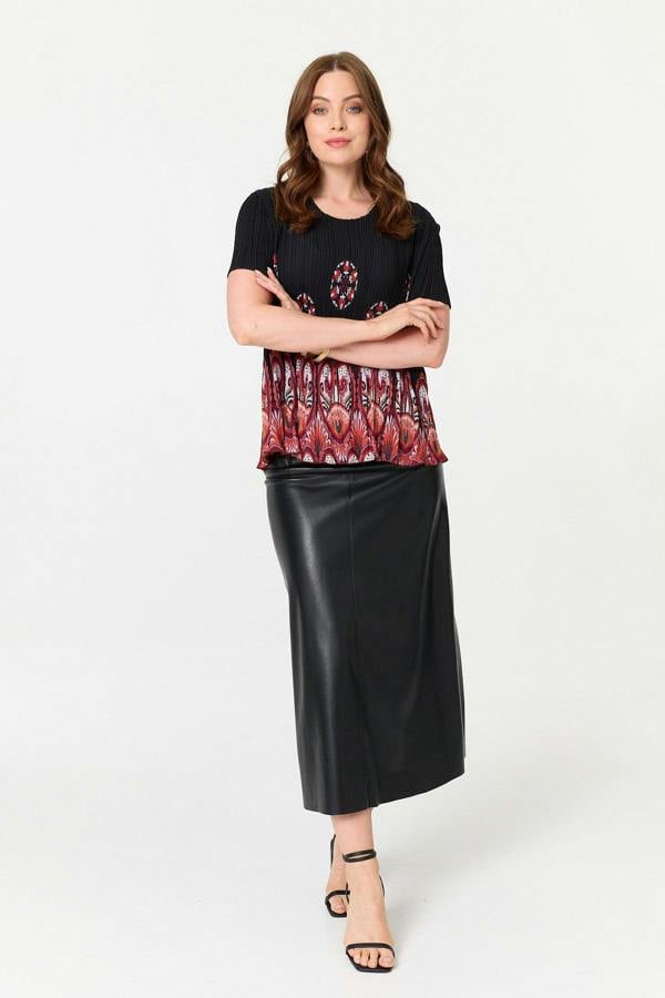 Black | Printed Short Sleeve Pleated Top