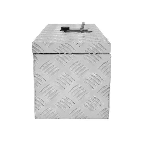 Small 35L aluminum tool box with a diamond plate texture, featuring a secure latch and a sleek silver finish for durability