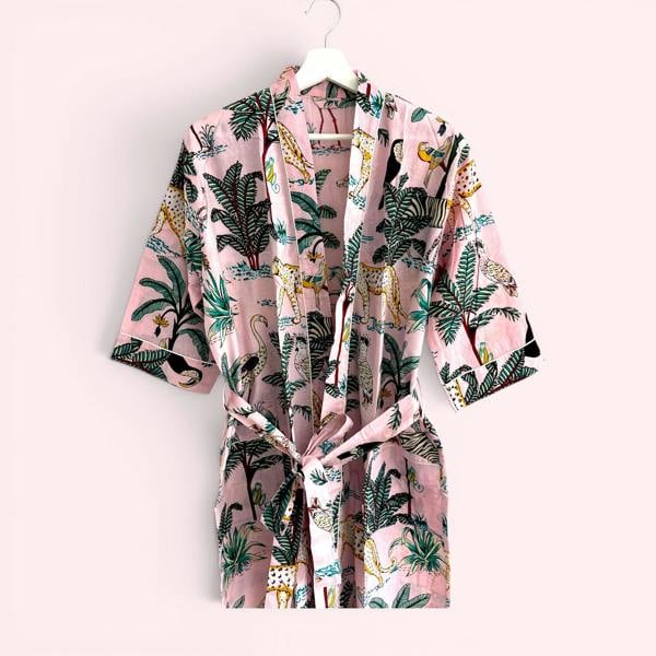 Hayley & Co Jungle Print 100% Cotton Dressing Gown in Pale Pink
