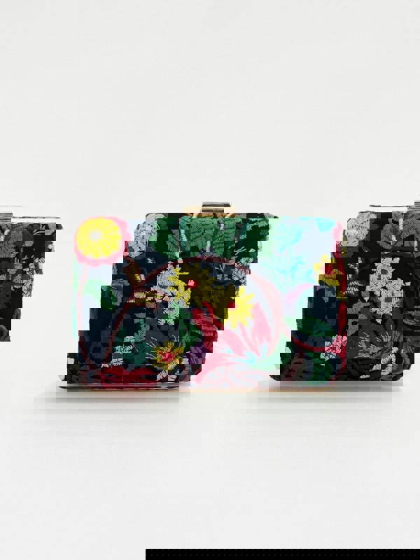SVNX Black Square Clutch with Multicoloured Embroidered Florals