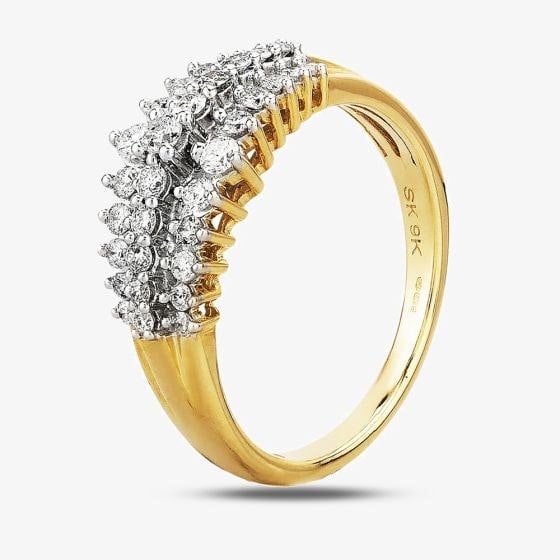 T. H. Baker 9ct Yellow Gold 0.50ct Diamond Claw Set Three Row Ring TH011776R