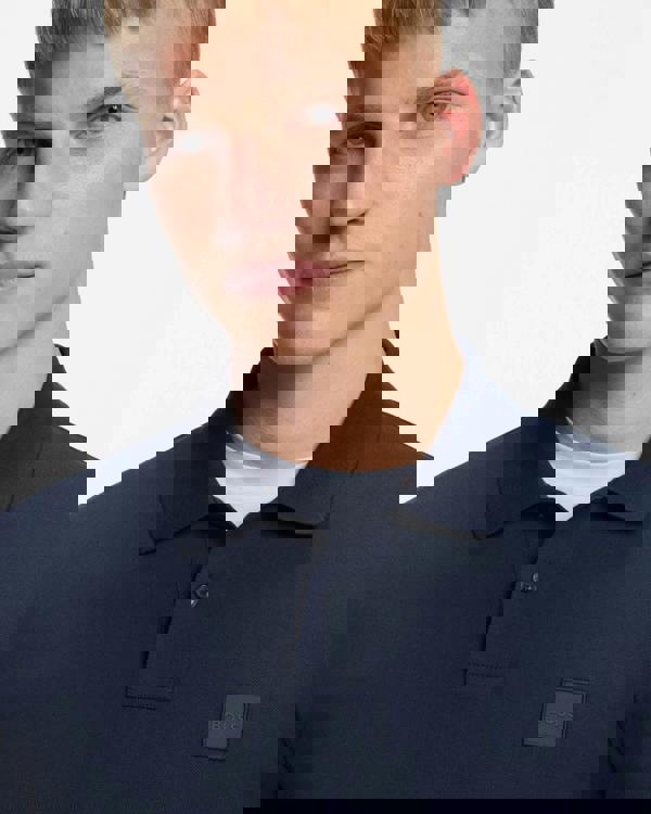 BOSS Orange Passenger Mens Stretch-Cotton Slim-Fit Polo Shirt with Logo Patch - Open Blue 464 - CHO - Designer Mens Short Sleeve Polo Shirts