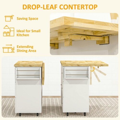 Wyld Haus Tanalo Wooden White Rolling Kitchen Island With Drop Leaf Drawers Towel And Spice Racks