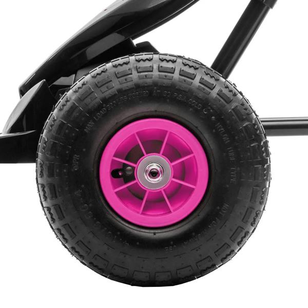 Pink wheel with black knobby tire and silver hub on a kids pedal go kart