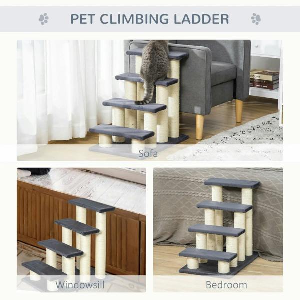 Grey 4-step climbing ladder with sisal posts and cat perched on middle step