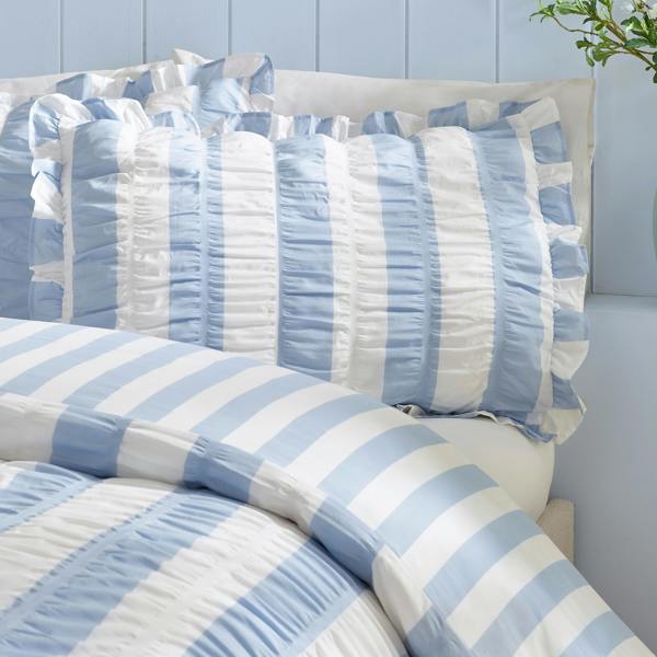 Catherine Lansfield Seersucker Frill Stripe Duvet Cover Set Blue