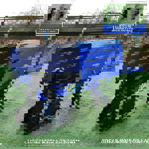 T-Mech 5T Log Splitter in vibrant blue with a sturdy design, featuring a 370mm splitting length and two included blades for efficient wood processing