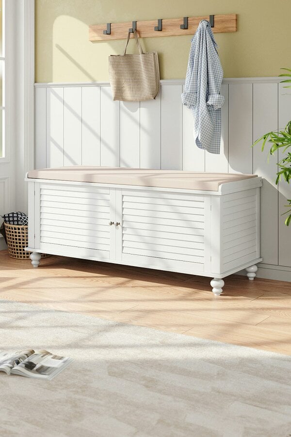 Living and Home White Shoe Cabinet Storage Bench with Linen Cushion