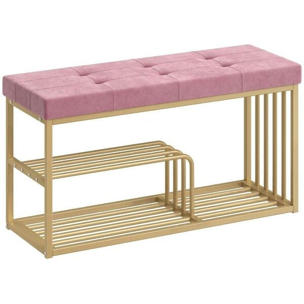 Bench and Shoe Storage, Tufted Shoe Storage Bench with Velvet Seat Cushion Gold Steel Frame for Entryway, Pink