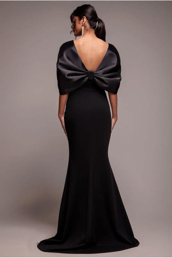 Off Shoulder Back Satin Bow Scuba Maxi Dress - Black DR4708