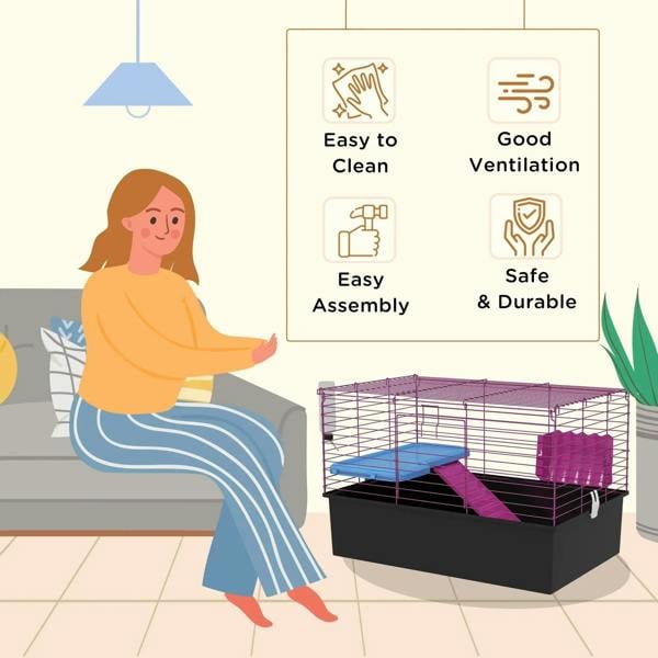 Small animal cage with purple wire enclosure, blue platform, and magenta hidehouse
