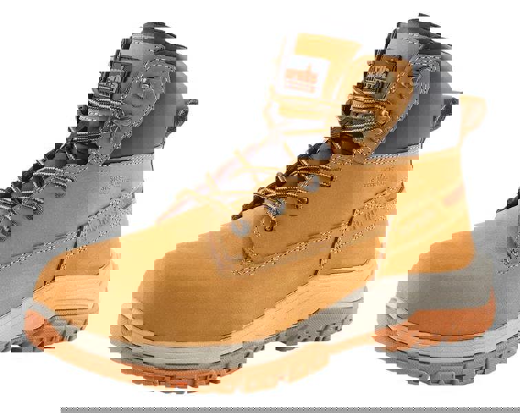 Scruffs Ridge Mens SBP Safety Steel Toe Midsole Work Ankle Boots, close-up of a tan work boot with steel toe, midsole protection, and durable sole for safety and support.