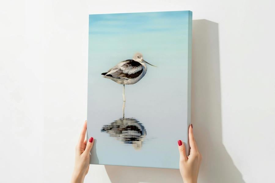 Reflective bird print on canvas inspired by coastal wetlands