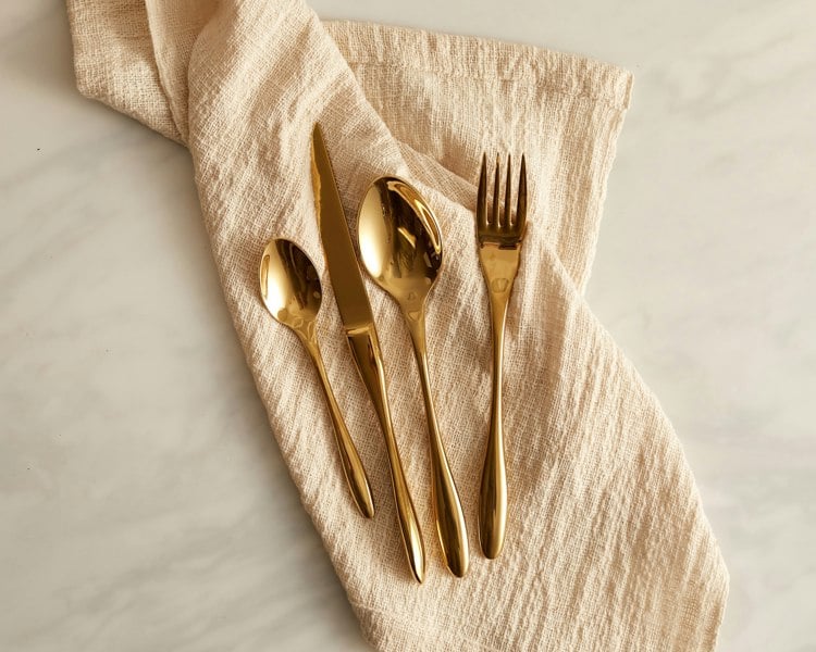 Gold Stainless Steel Cutlery Set, fork, knife, soup spoon, dessert spoon. Restaurant quality flatware from What a Host Home Decor