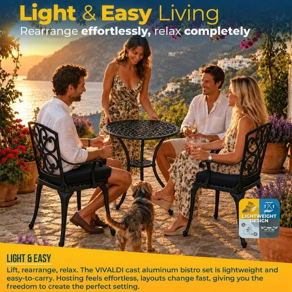 Homeology VIVALDI Black 5-Piece Cast Aluminium Garden Bistro Set - with Black Cushions