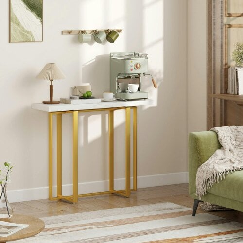 Wyld Haus Larose Metal And Faux Marble White Narrow Console Table With Anti Tip Steel Frame 100 cm