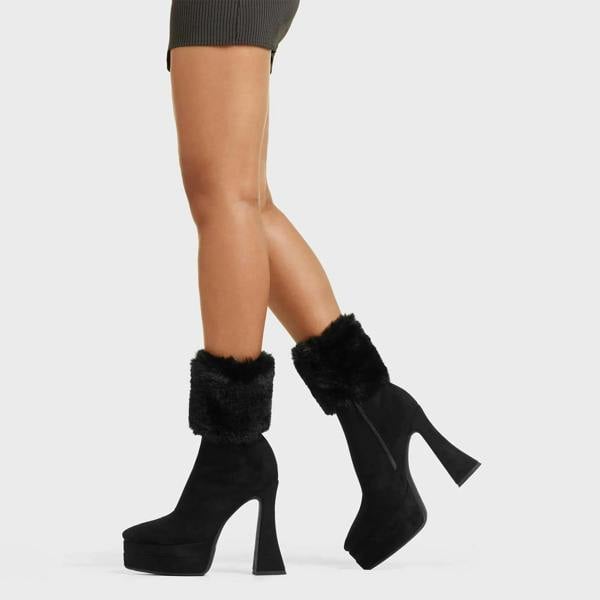 Lamoda Cupcake Platform Ankle Boots for Women Black Suede with Fur Accent