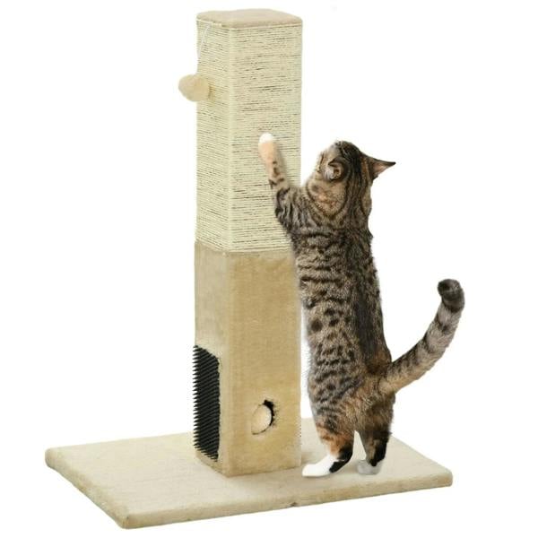 Beige jute cat scratching post with carpet base, cat scratching the vertical post