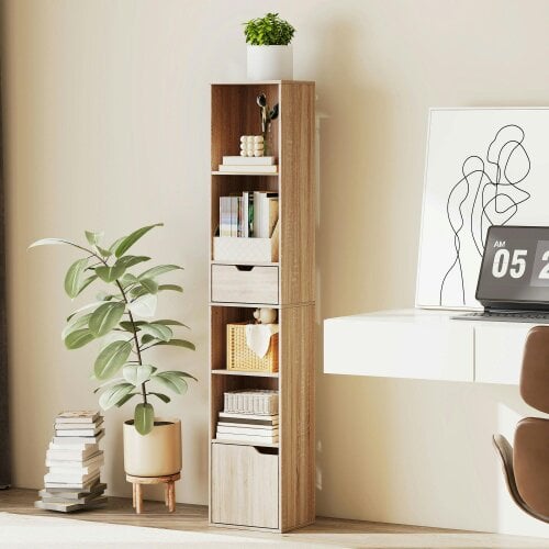 HOMCOM Narrow Bookshelf with Drawer, Tall Bookcase for Living Room, Black - Natural wood