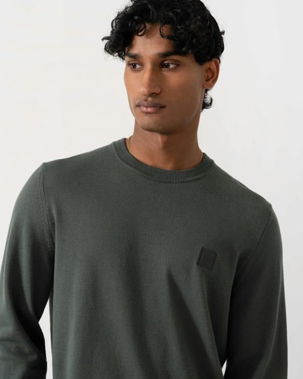 Close up of BOSS Orange Kanovano Mens Crew Neck Jumper  - Open Green 377