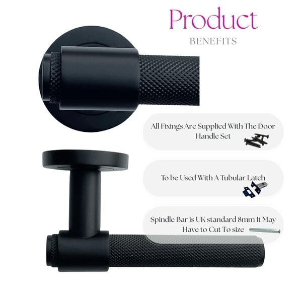 EDH Door Hardware Knurled Door Handles Matt Black Loop & Neck Lever on Round Rose Latch