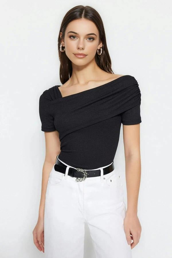 WOVCOR Asymmetrical Collar Fitted Snap Button Knitted Bodysuit