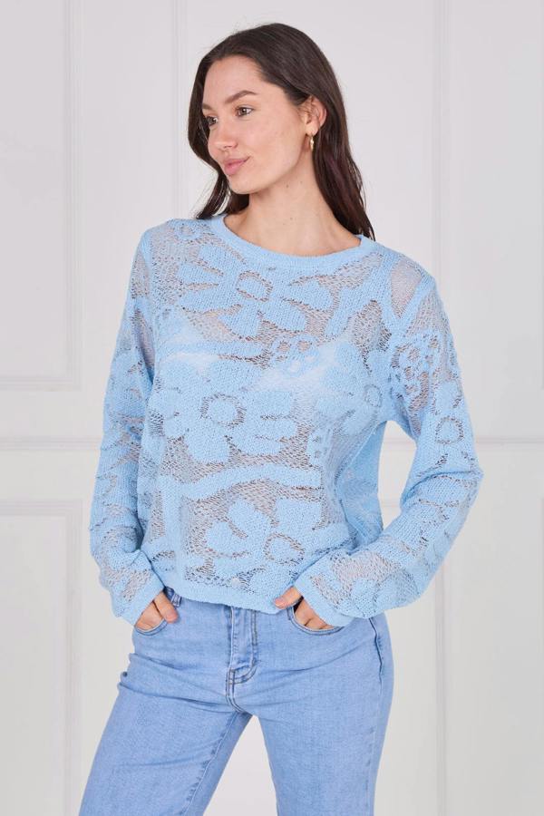 Model wearing a long sleeve crochet top with an open-knit pattern, styled with high-waisted jeans, featuring a relaxed fit and lightweight texture for casual everyday wear.
