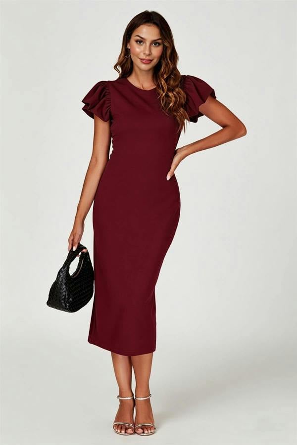 FS Collection Volume Sleeve Bodycon Midi Dress In Burgundy