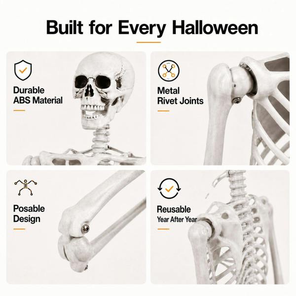 Yezi Halloween Skeleton Life Size 169cm Posable Jointed ABS Spooky Patio White