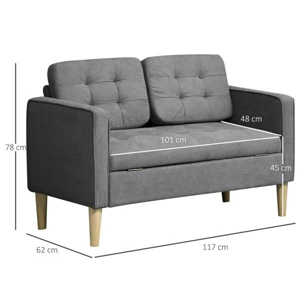 Compact grey 2-seater sofa with tufted back and arms, wood legs with dimensions