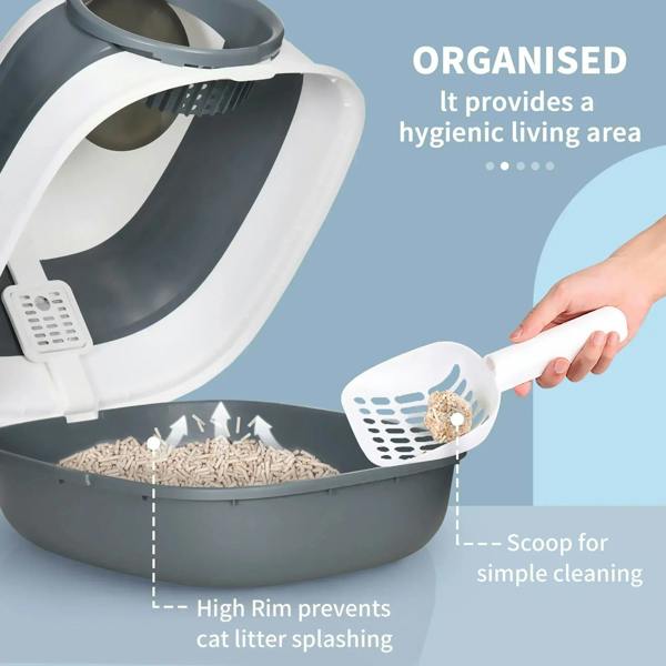 Covered cat litter tray with detachable scoop and high rim to help prevent litter splashing