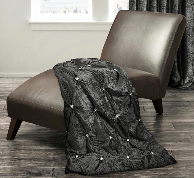 Intimates Pleated Charcoal Crushed Velvet Diamantes Blanket - Machine Washable Fabric Throw