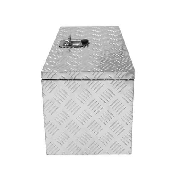 Large 70L aluminium tool box with a diamond plate texture, featuring a secure latch and a sleek silver finish, ideal for storage