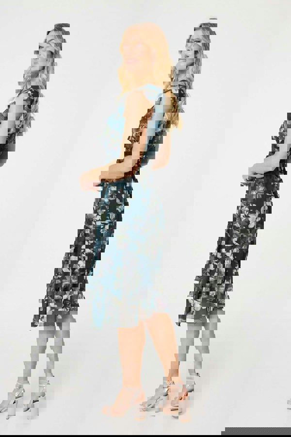 Green | Floral Frill Shirred Midi Dress