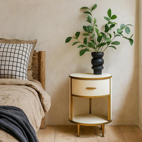 Wyld Haus Treviso Ivory Faux Shagreen Round Bedside Table with Drawer